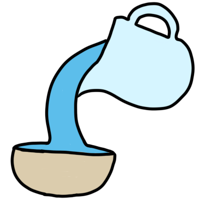 blue water pouring from a light blue jug into a light brown bowl